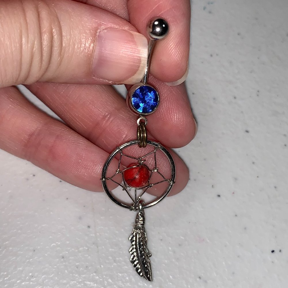 14 Gauge Dream Catcher Belly Ring, Sapphire blue gem with red bead and a gold sp